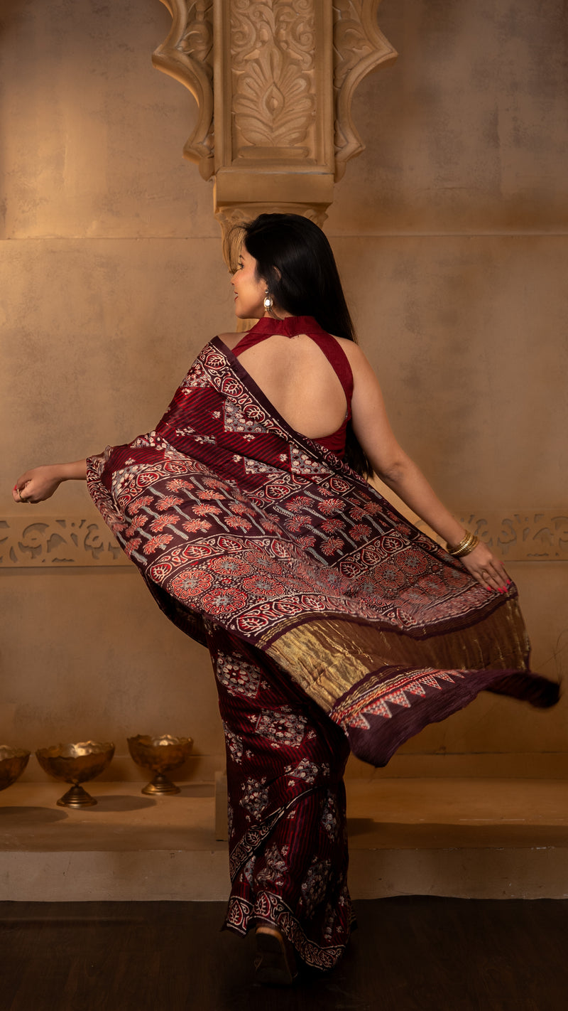 Maroon Ajrakh Print Modal Silk Saree with Tissue Pallu