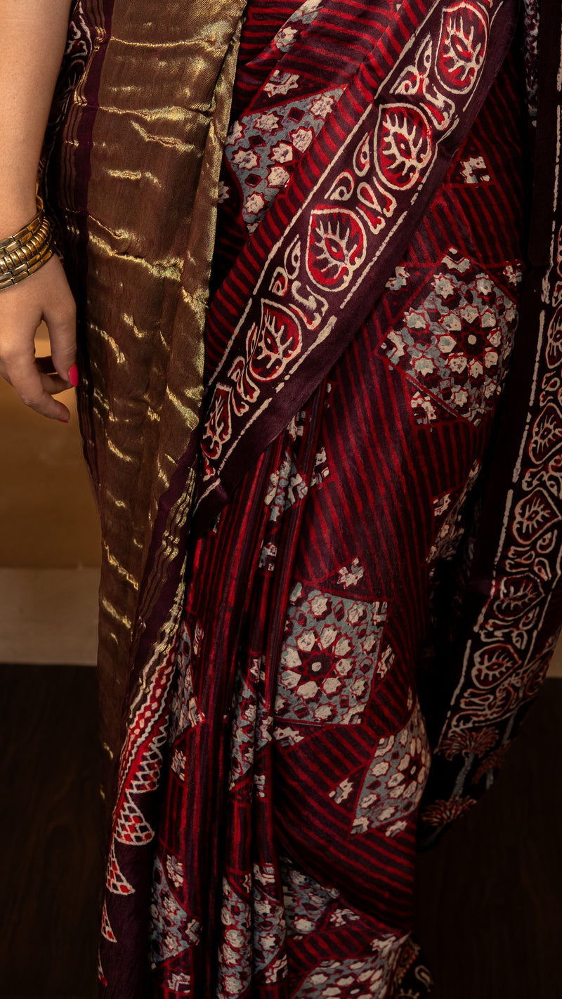 Maroon Ajrakh Print Modal Silk Saree with Tissue Pallu