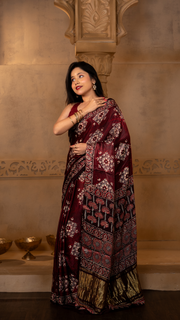 Maroon Ajrakh Print Modal Silk Saree with Tissue Pallu
