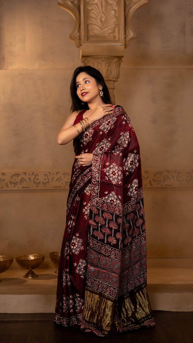 Maroon Ajrakh Print Modal Silk Saree with Tissue Pallu