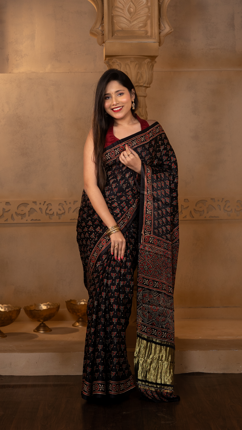 Black Ajrakh Print Modal Silk Saree with Tissue Pallu