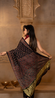 Black Ajrakh Print Modal Silk Saree with Tissue Pallu