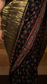 Black Ajrakh Print Modal Silk Saree with Tissue Pallu