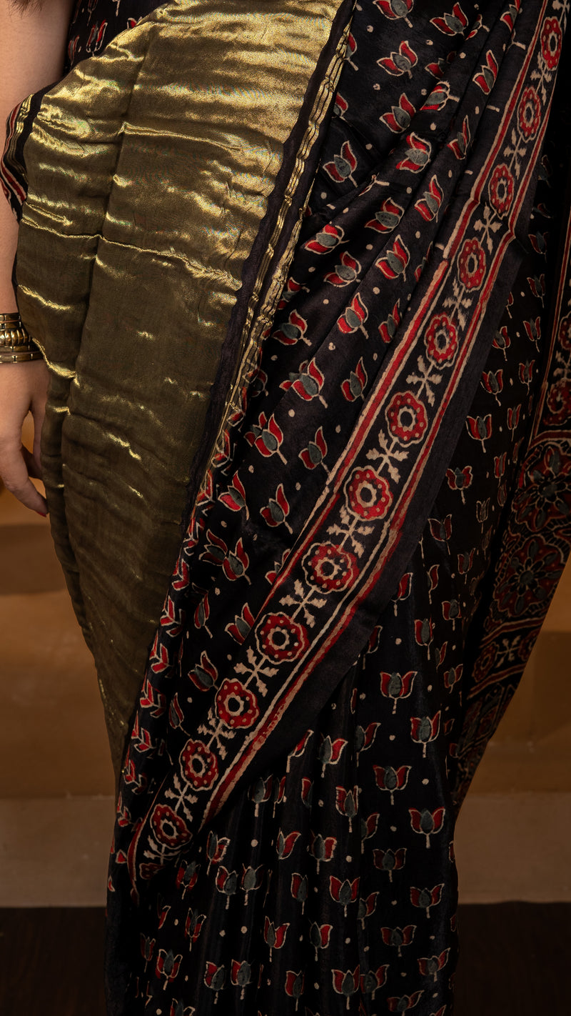 Black Ajrakh Print Modal Silk Saree with Tissue Pallu