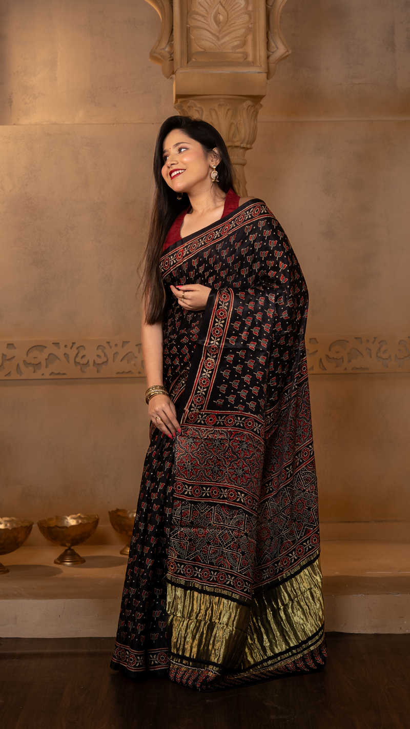 Black Ajrakh Print Modal Silk Saree with Tissue Pallu