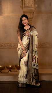 Cream and Black Ajrakh Print Dola Silk Saree with Zari Border