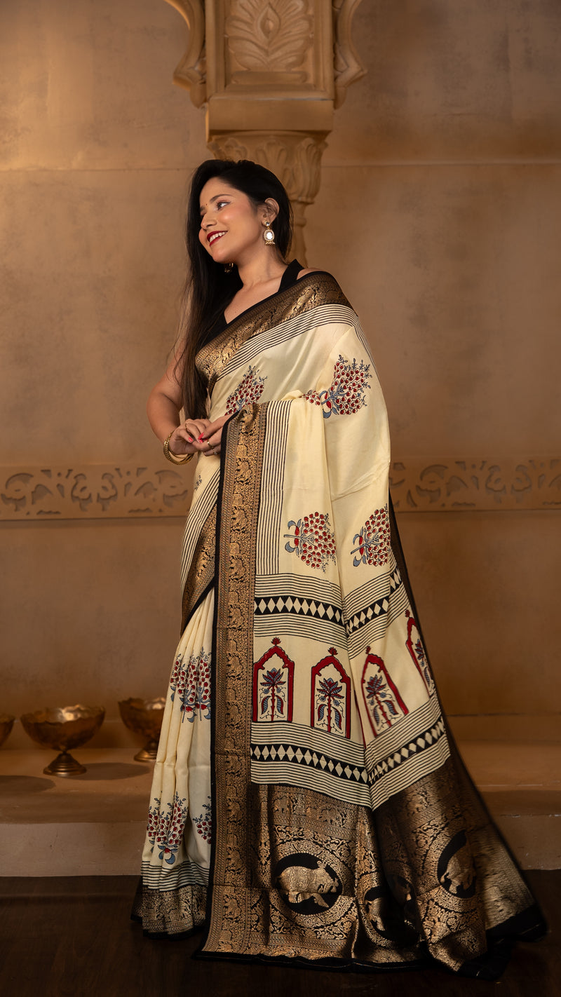Cream and Black Ajrakh Print Dola Silk Saree with Zari Border