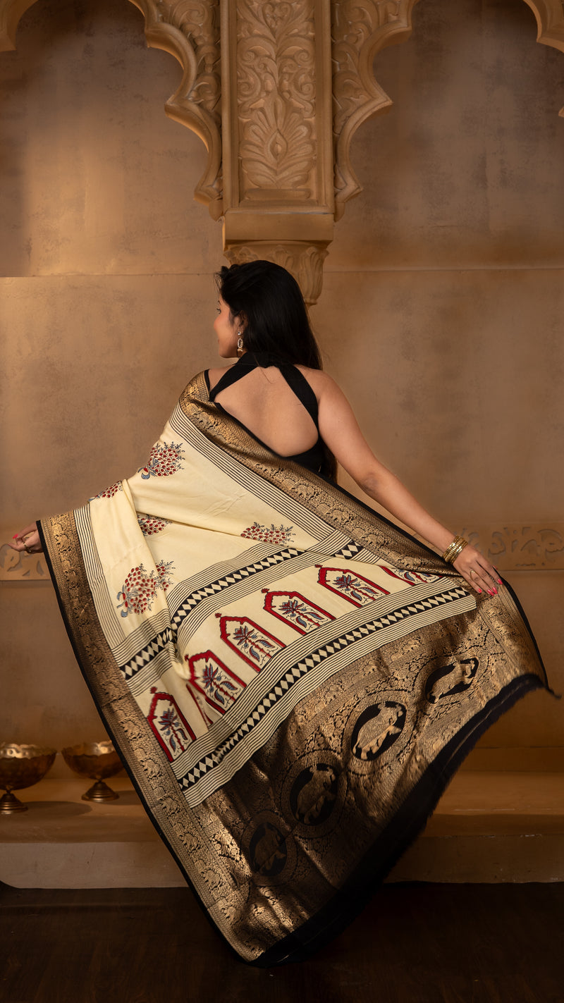 Cream and Black Ajrakh Print Dola Silk Saree with Zari Border