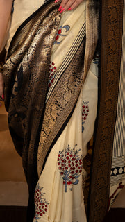 Cream and Black Ajrakh Print Dola Silk Saree with Zari Border