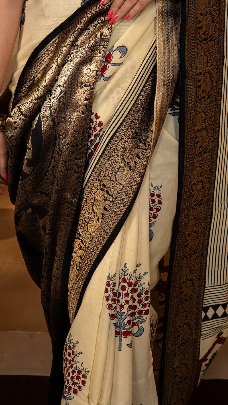 Cream and Black Ajrakh Print Dola Silk Saree with Zari Border