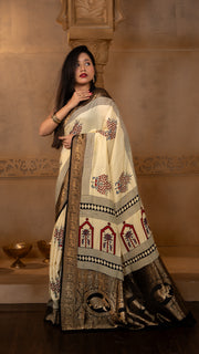 Cream and Black Ajrakh Print Dola Silk Saree with Zari Border