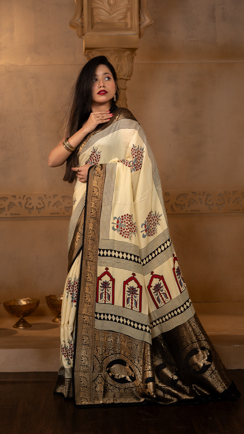 Cream and Black Ajrakh Print Dola Silk Saree with Zari Border