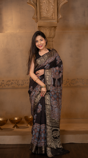 Black with Red and Blue Ajrakh Print Dola Silk Saree with Zari Border