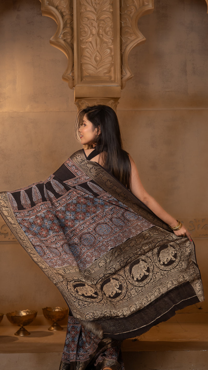 Black with Red and Blue Ajrakh Print Dola Silk Saree with Zari Border