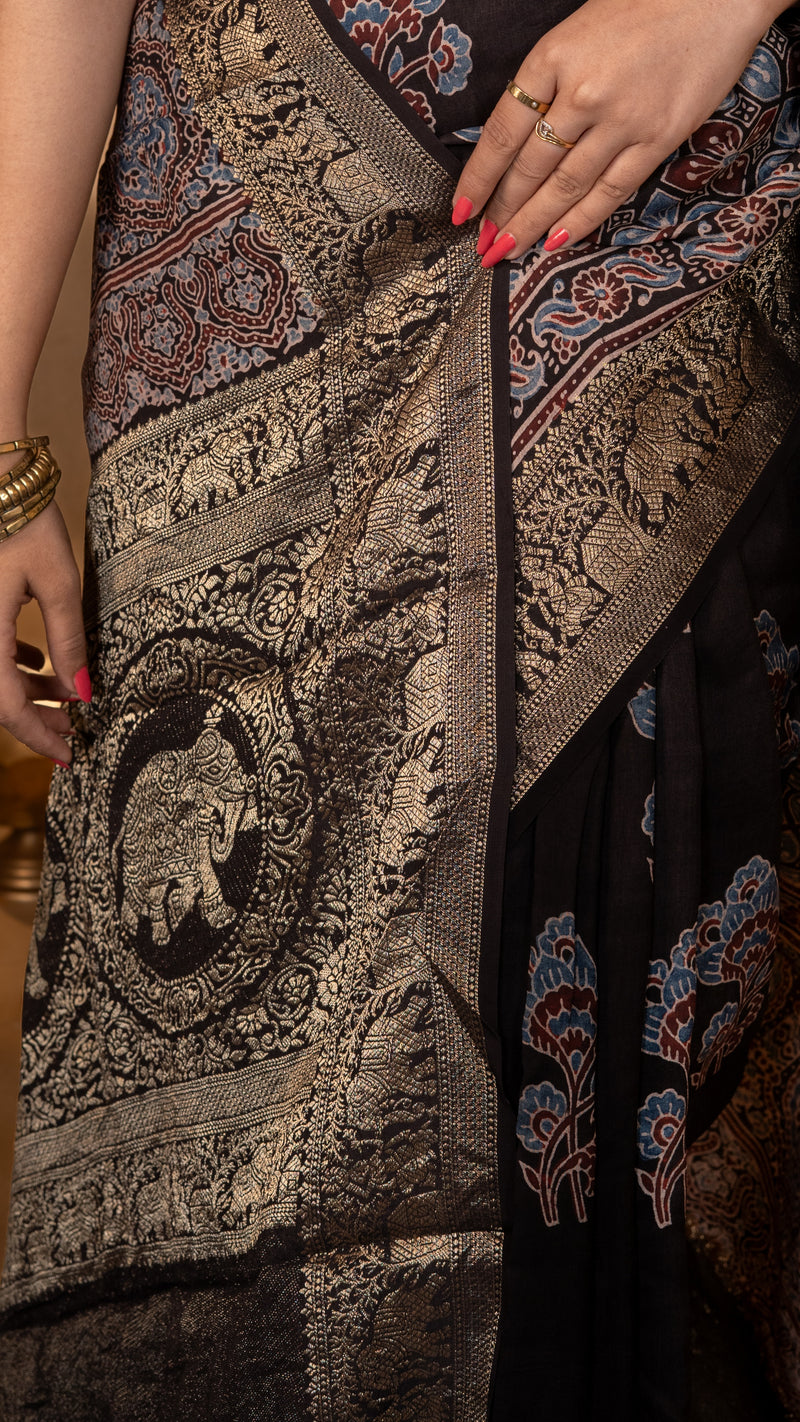 Black with Red and Blue Ajrakh Print Dola Silk Saree with Zari Border