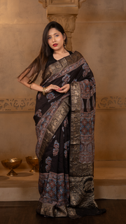 Black with Red and Blue Ajrakh Print Dola Silk Saree with Zari Border