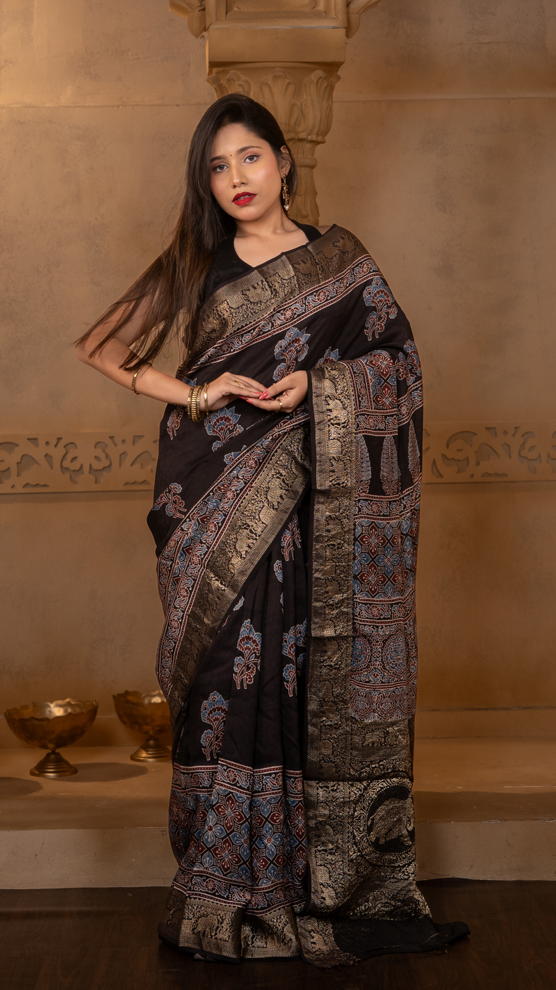Black with Red and Blue Ajrakh Print Dola Silk Saree with Zari Border