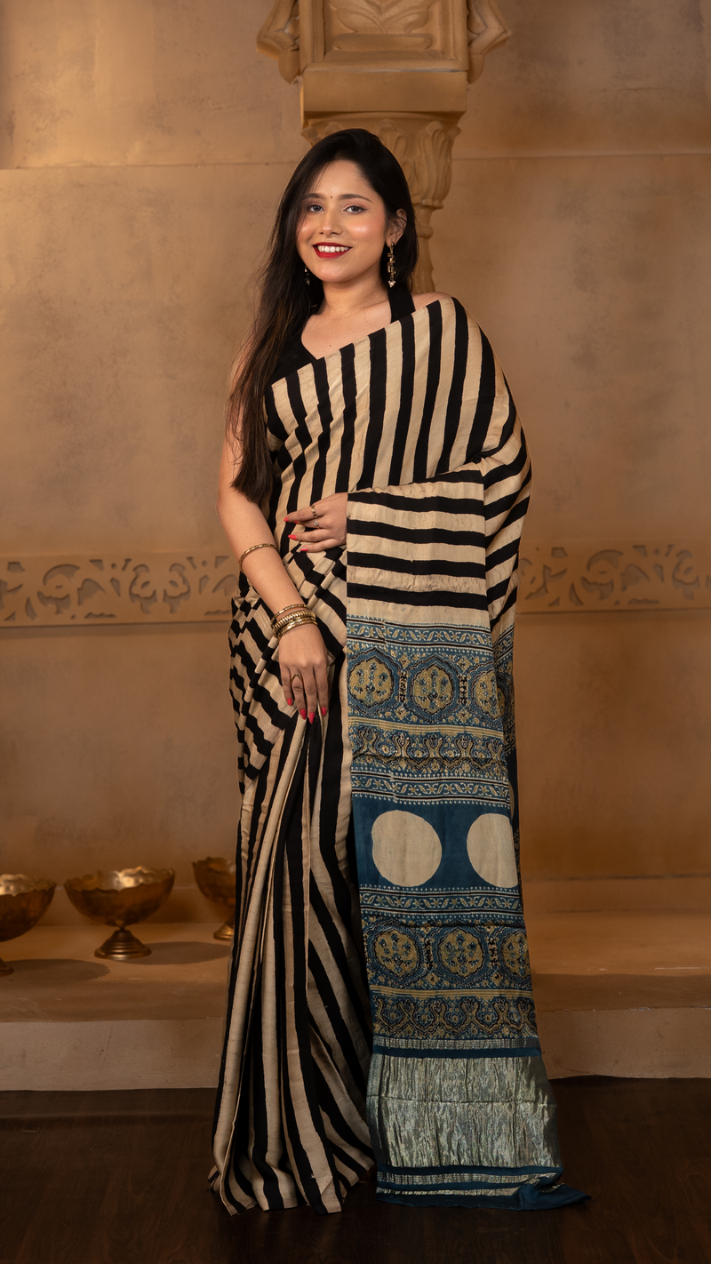 Light Gold and Black Ajrakh Print Gajji Silk Saree with Tissue Pallu