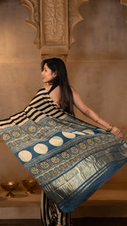 Light Gold and Black Ajrakh Print Gajji Silk Saree with Tissue Pallu