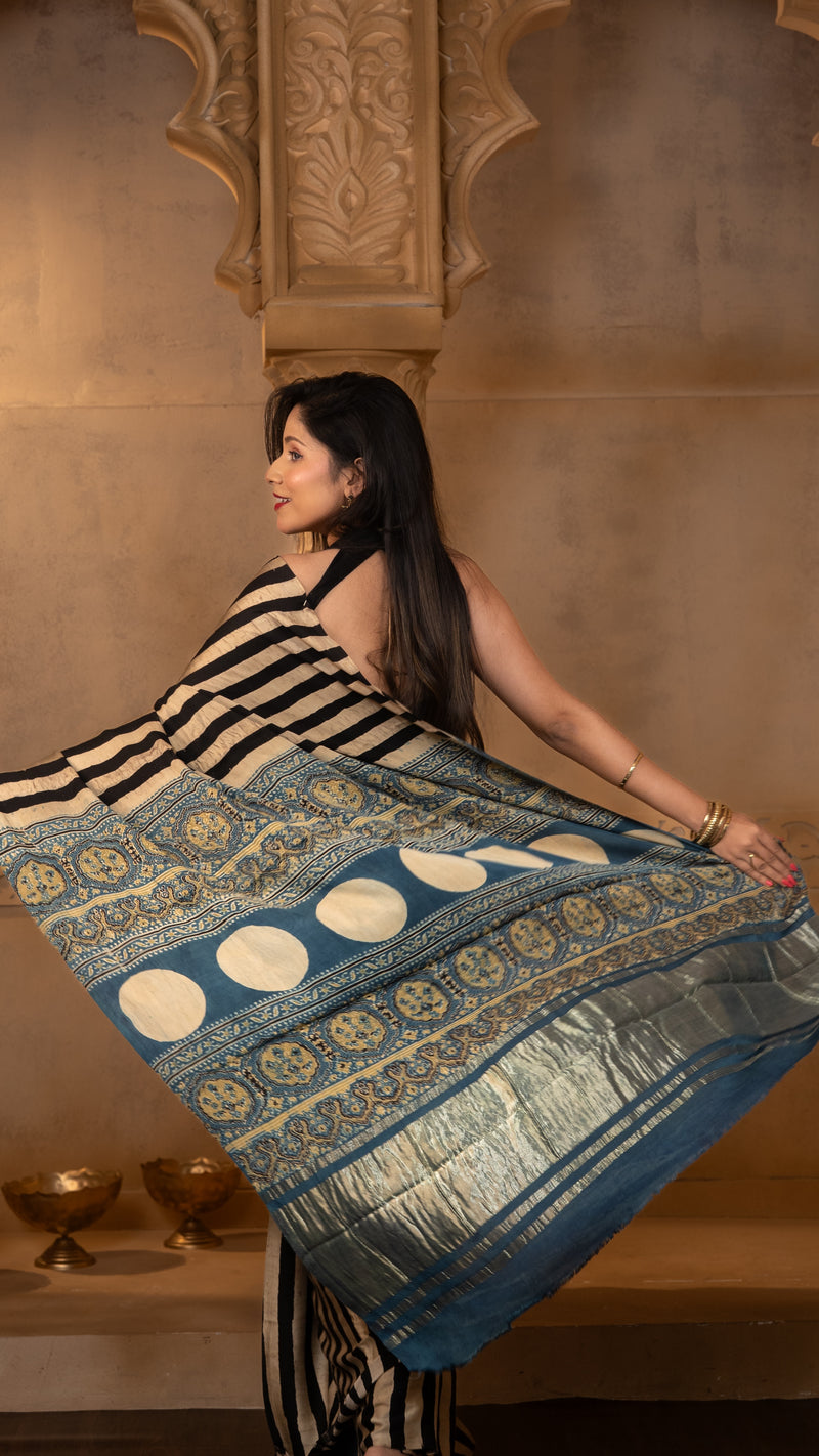 Light Gold and Black Ajrakh Print Gajji Silk Saree with Tissue Pallu