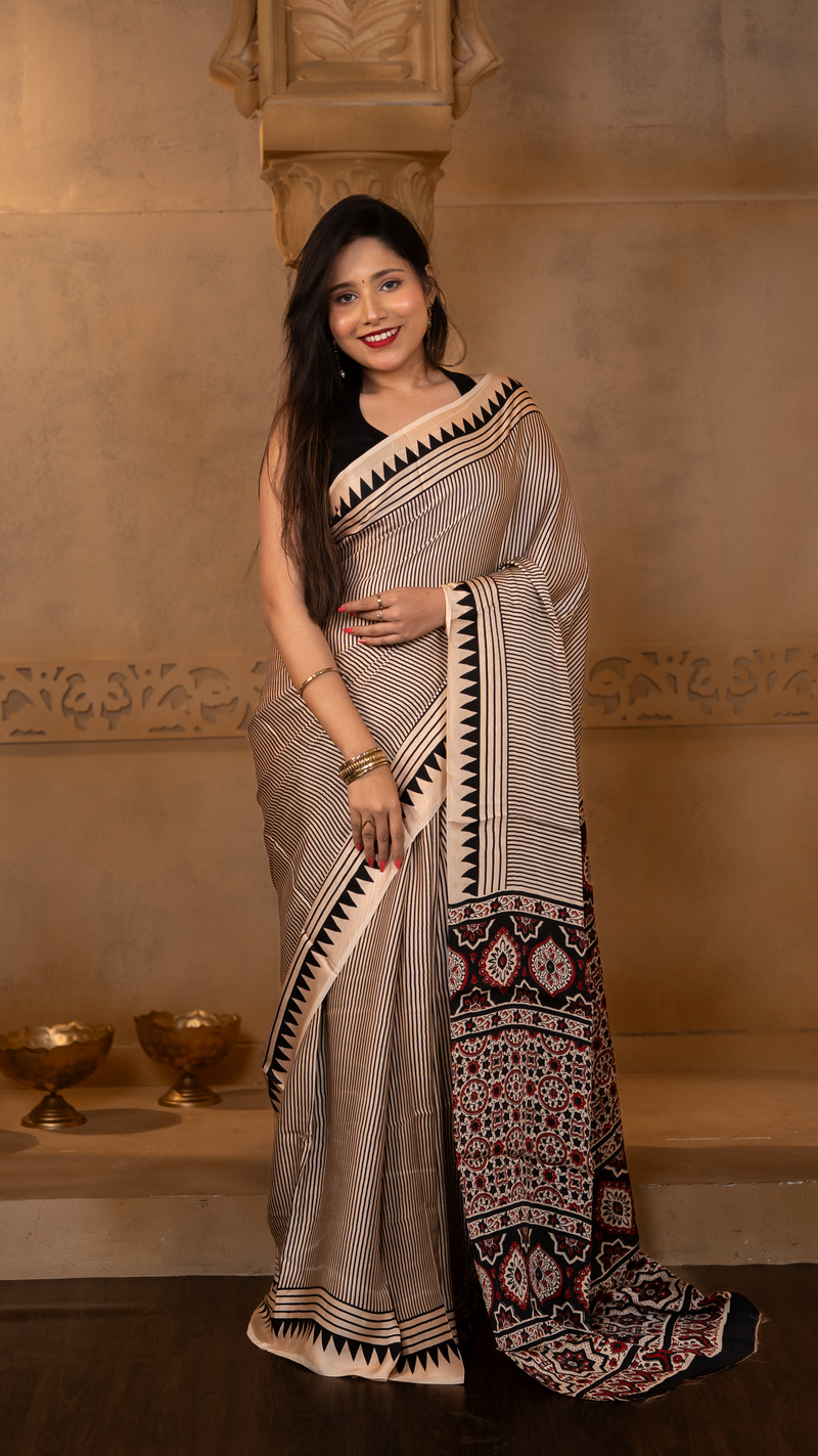 Off White and Black Stripes Ajrakh Print Modal Silk Saree