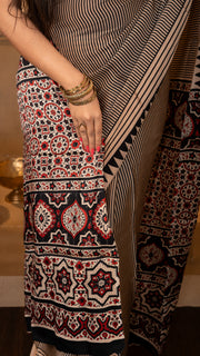 Off White and Black Stripes Ajrakh Print Modal Silk Saree