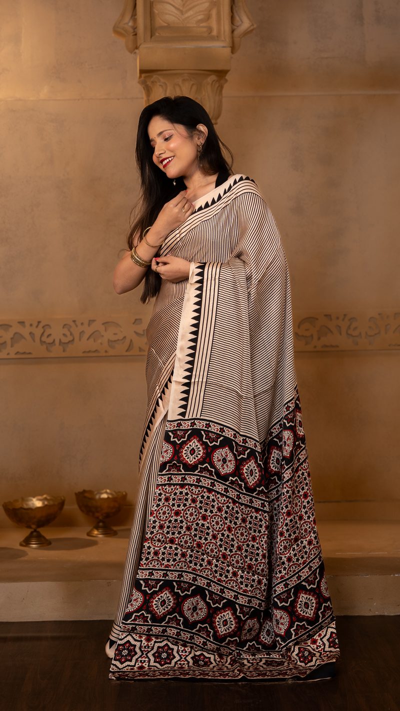 Off White and Black Stripes Ajrakh Print Modal Silk Saree