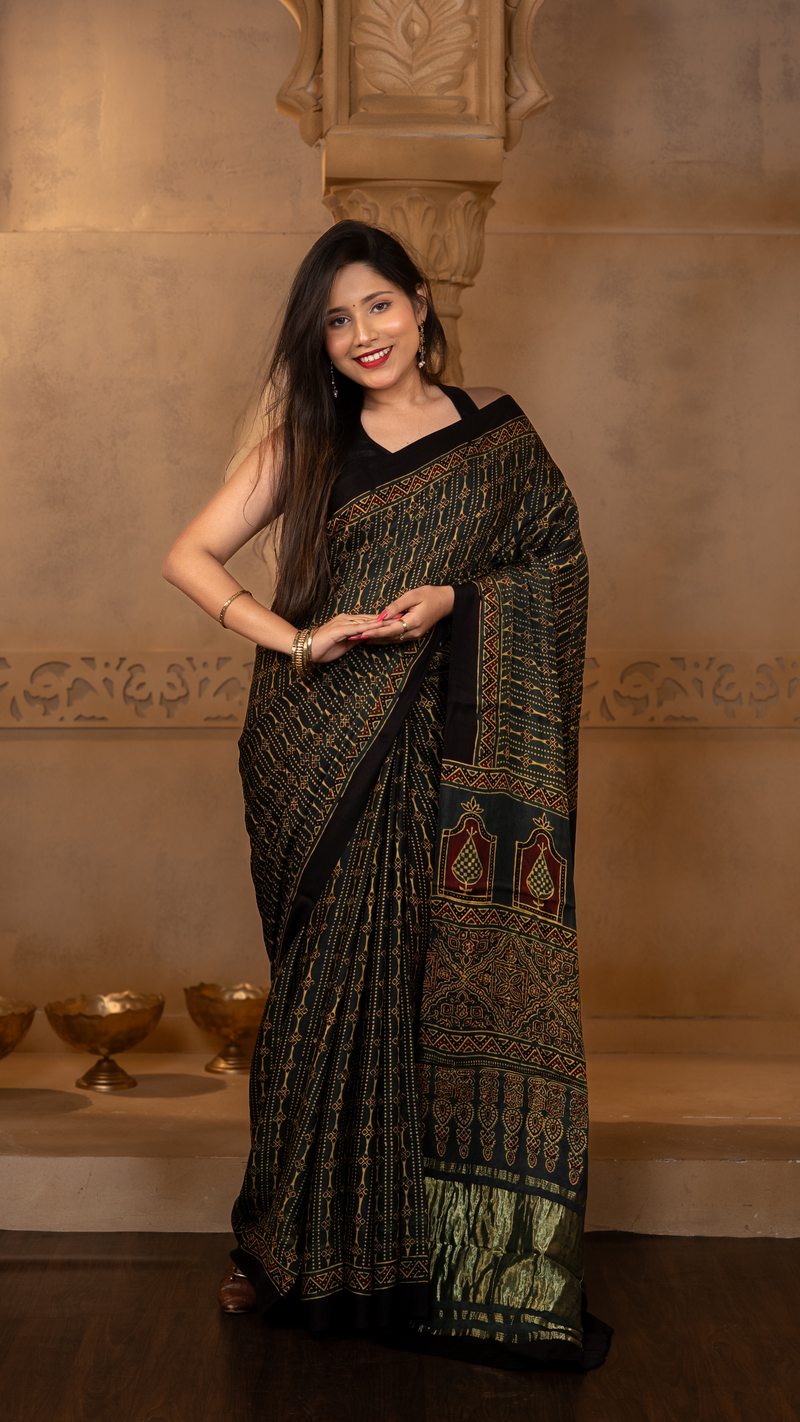 Bottle Green Ajrakh Print Gajji Silk Saree with Tissue Pallu