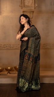 Bottle Green Ajrakh Print Gajji Silk Saree with Tissue Pallu