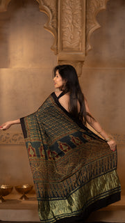 Bottle Green Ajrakh Print Gajji Silk Saree with Tissue Pallu