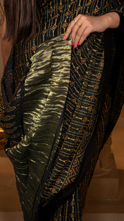 Bottle Green Ajrakh Print Gajji Silk Saree with Tissue Pallu