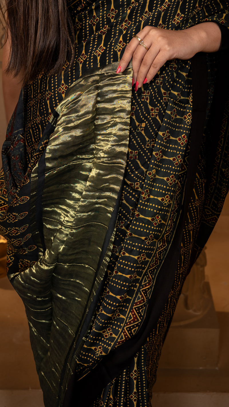Bottle Green Ajrakh Print Gajji Silk Saree with Tissue Pallu