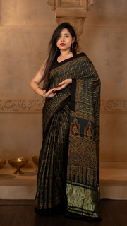 Bottle Green Ajrakh Print Gajji Silk Saree with Tissue Pallu