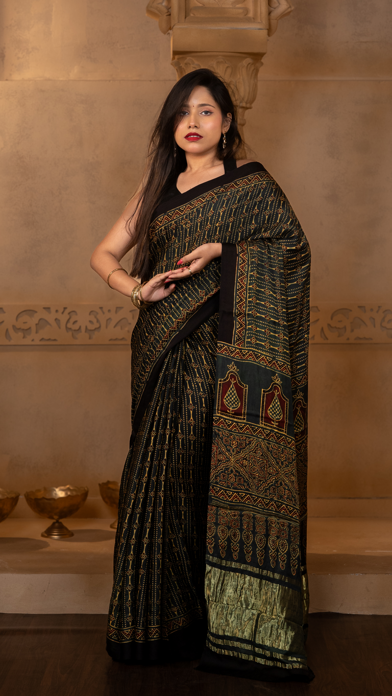 Bottle Green Ajrakh Print Gajji Silk Saree with Tissue Pallu