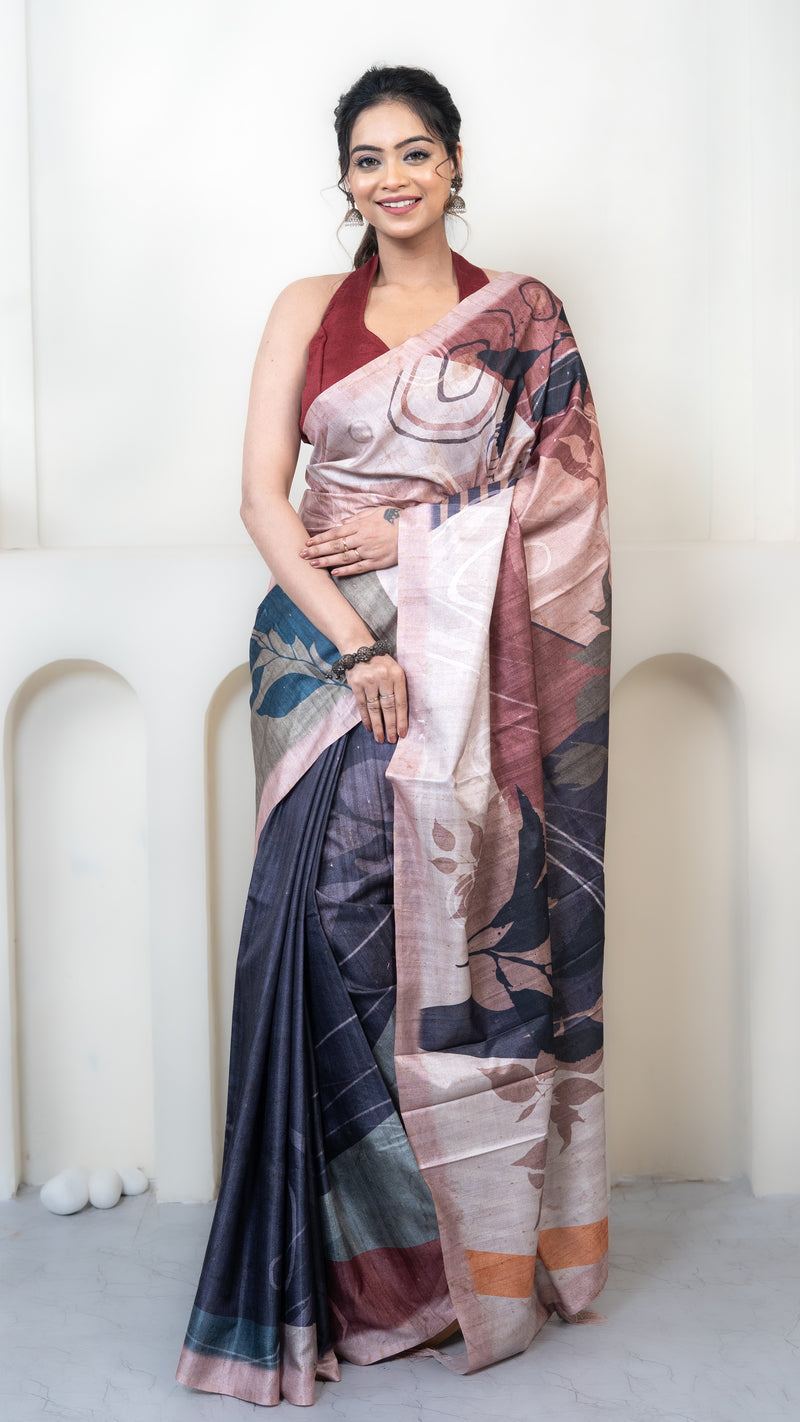 Pink and Dusty Blue Abstract Art Silk Saree