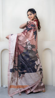 Pink and Dusty Blue Abstract Art Silk Saree