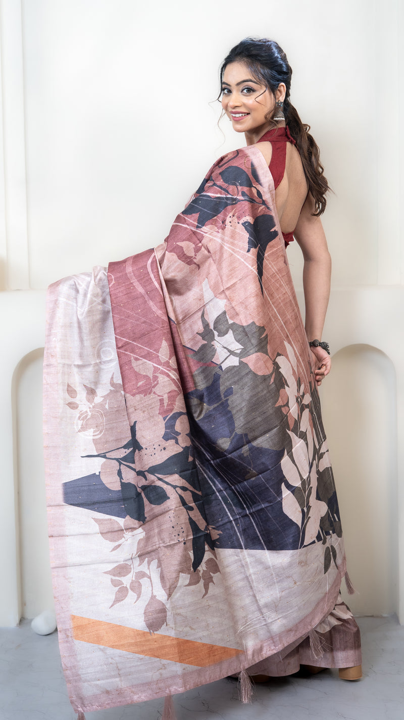 Pink and Dusty Blue Abstract Art Silk Saree