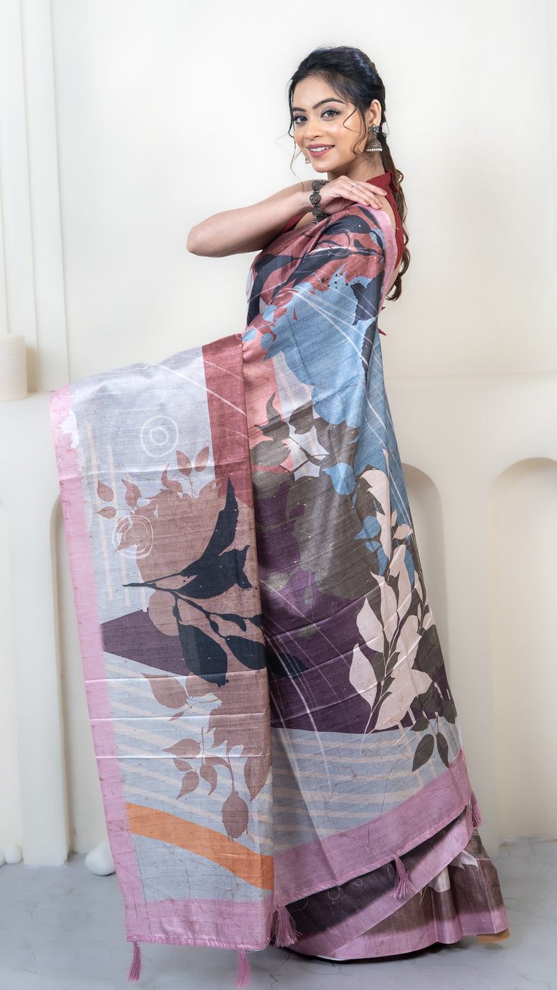 Pink and Purple Abstract Art Silk Saree