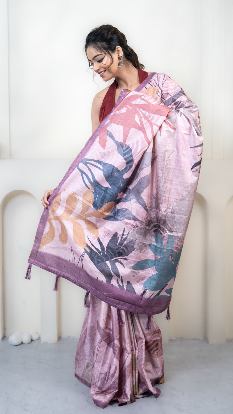 Pink Abstract Art Silk Saree