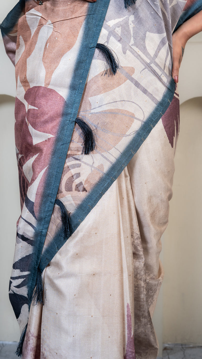 Cream Abstract Art Silk Saree