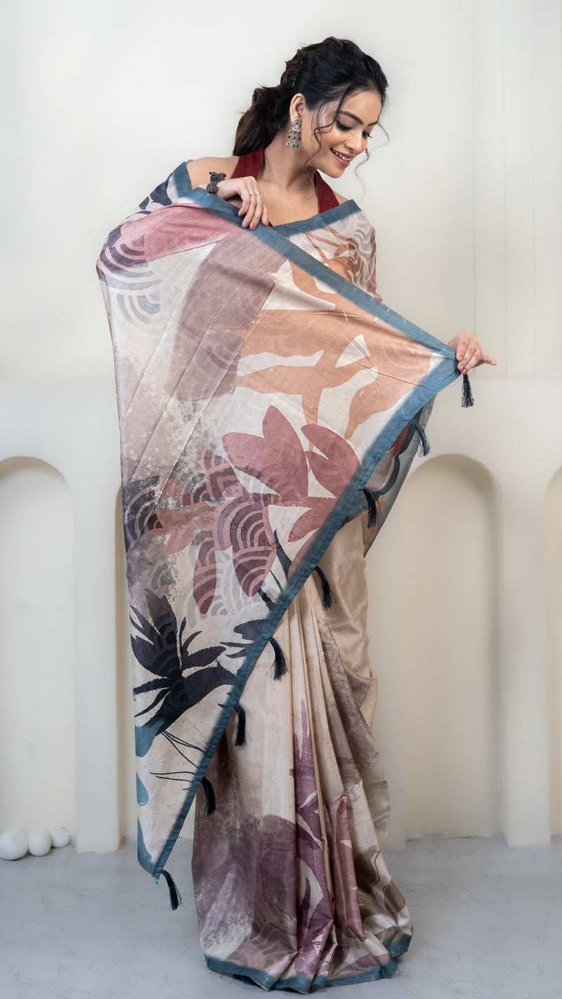 Cream Abstract Art Silk Saree