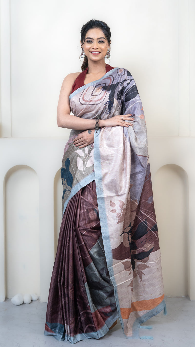 Off White and Brown Abstract Art Silk Saree