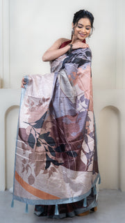 Off White and Brown Abstract Art Silk Saree