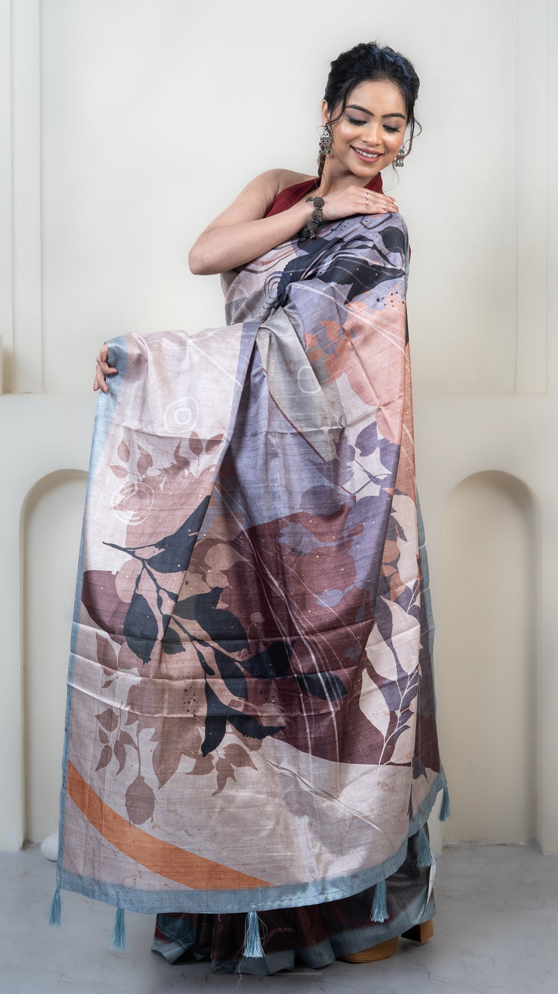 Off White and Brown Abstract Art Silk Saree