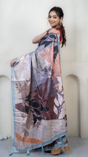 Off White and Brown Abstract Art Silk Saree