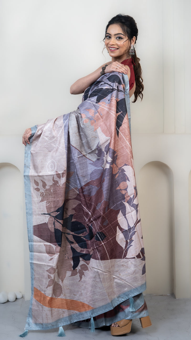 Off White and Brown Abstract Art Silk Saree