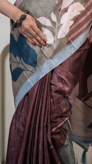 Off White and Brown Abstract Art Silk Saree