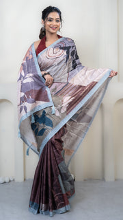 Off White and Brown Abstract Art Silk Saree