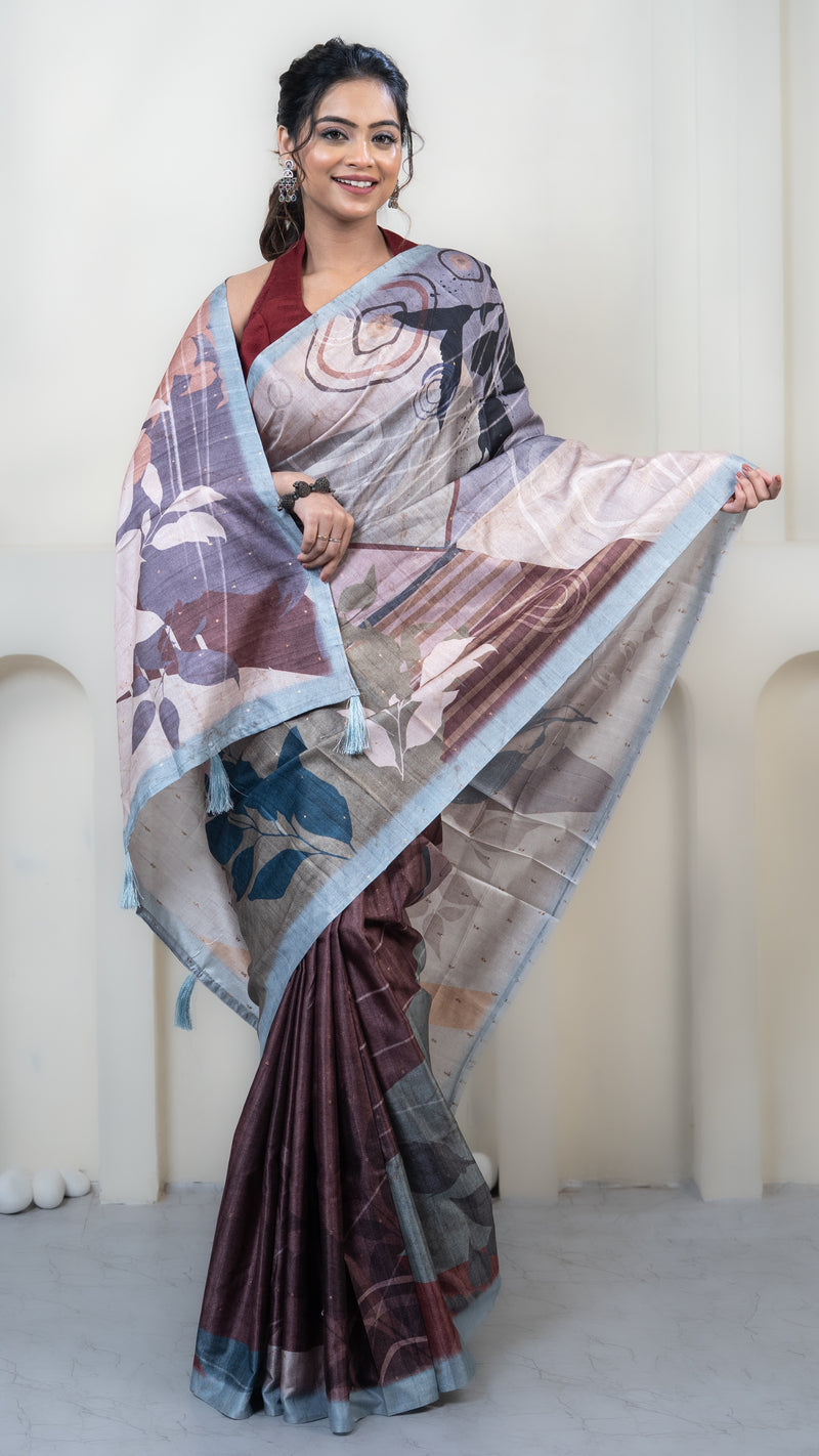 Off White and Brown Abstract Art Silk Saree