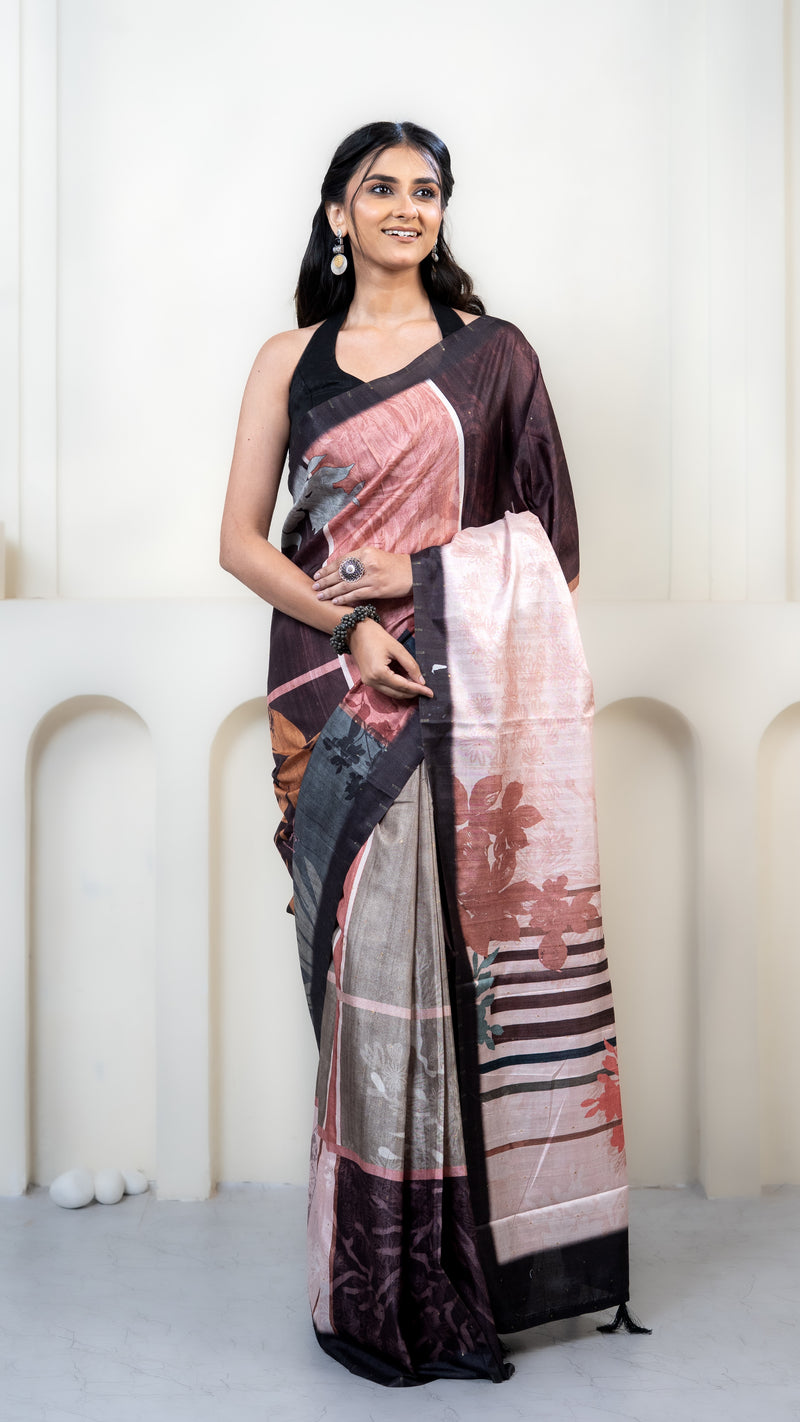 Chocolate and Pink Abstract Art Silk Saree